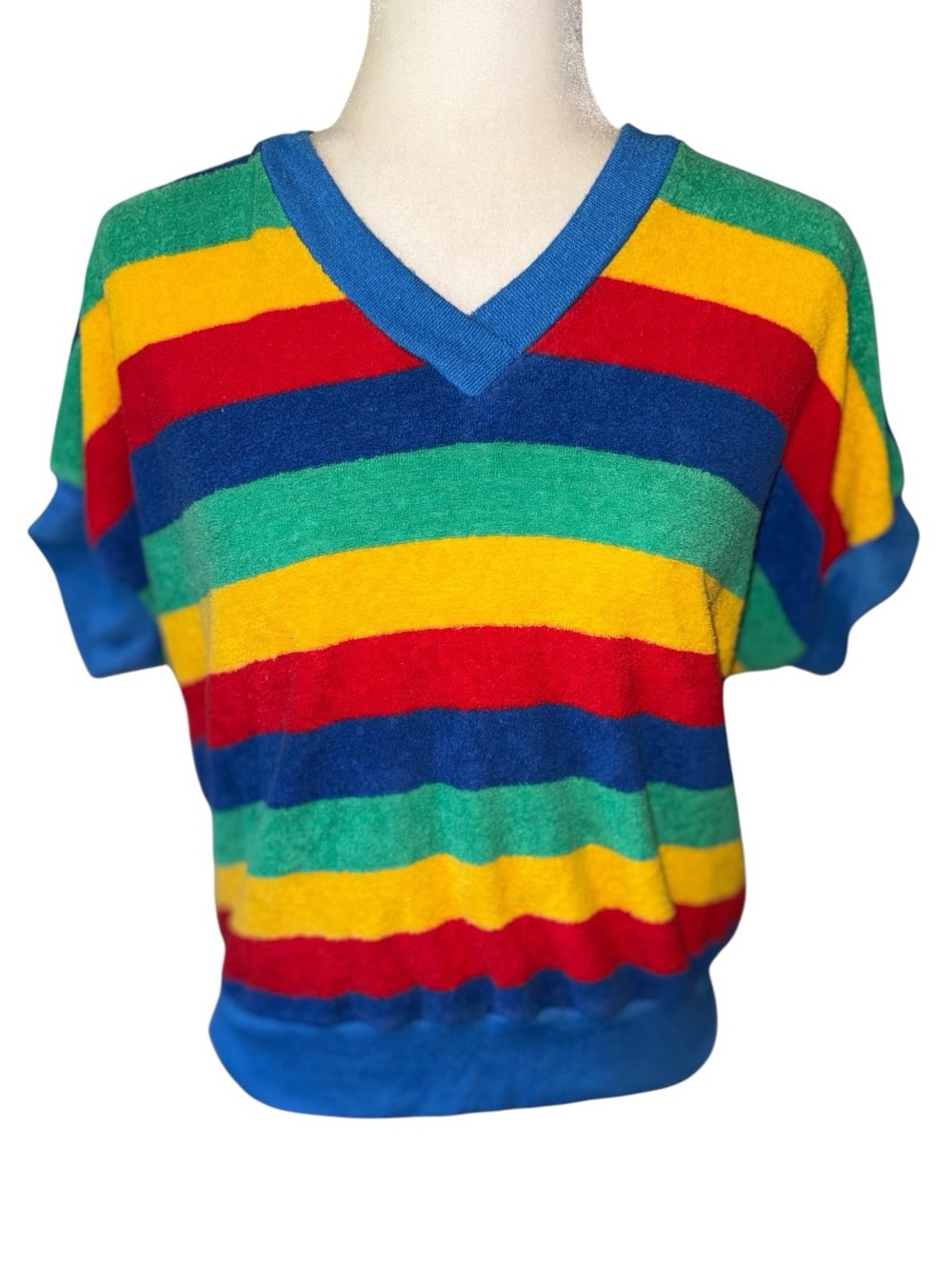 Vintage Eccobay Rainbow Terry Cloth Striped V-Neck Top Made in USA Size 38